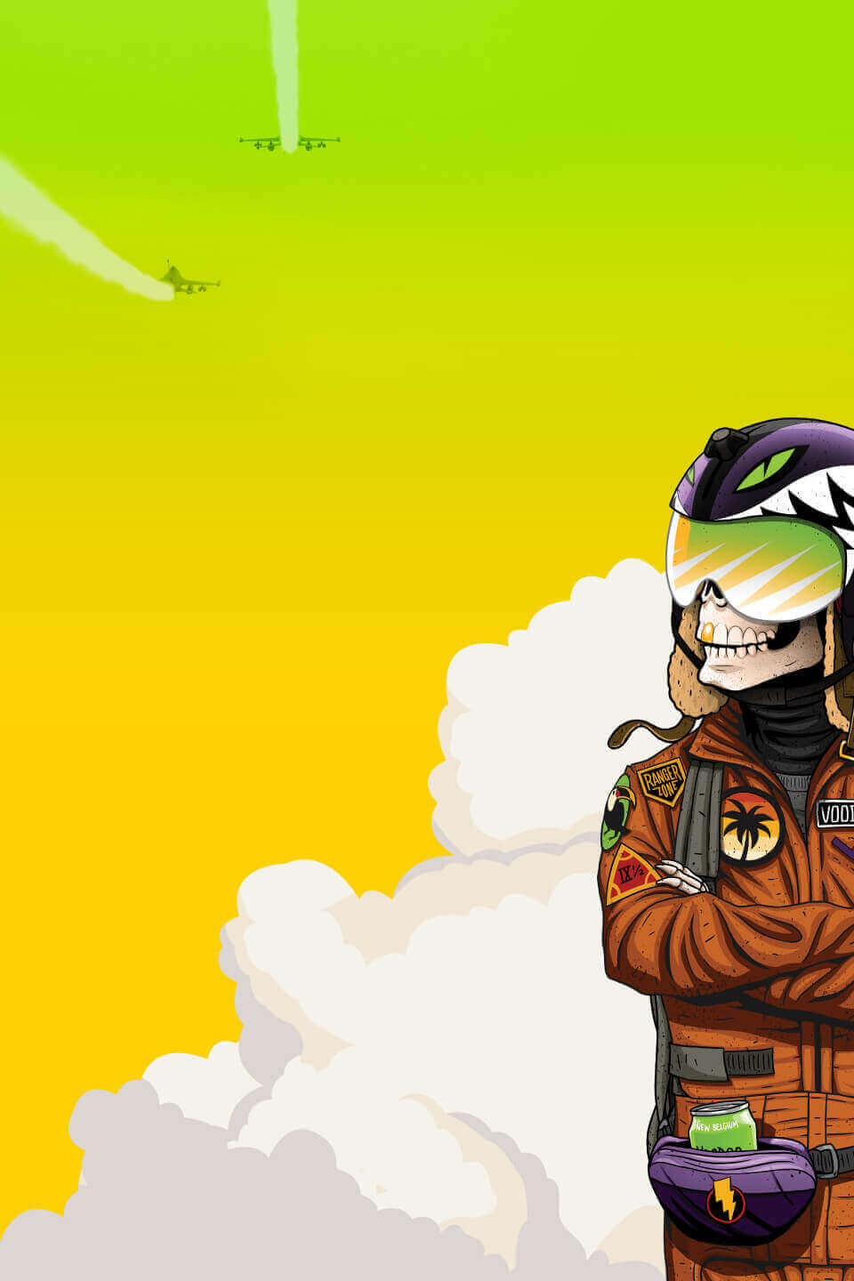 Tropic Force IPA beer - green yellow skies, white clouds, jet fighters flying, with VooDoo Ranger in foreground