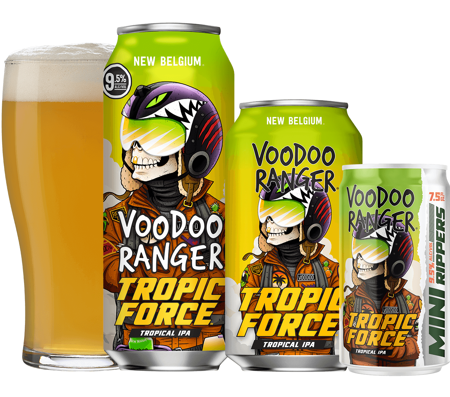 Tropic Force family featuring a full pint glass, 19.2oz can, 12oz can, and 7.5oz Mini Ripper can. VooDoo Ranger in brown flight gear and helmet.