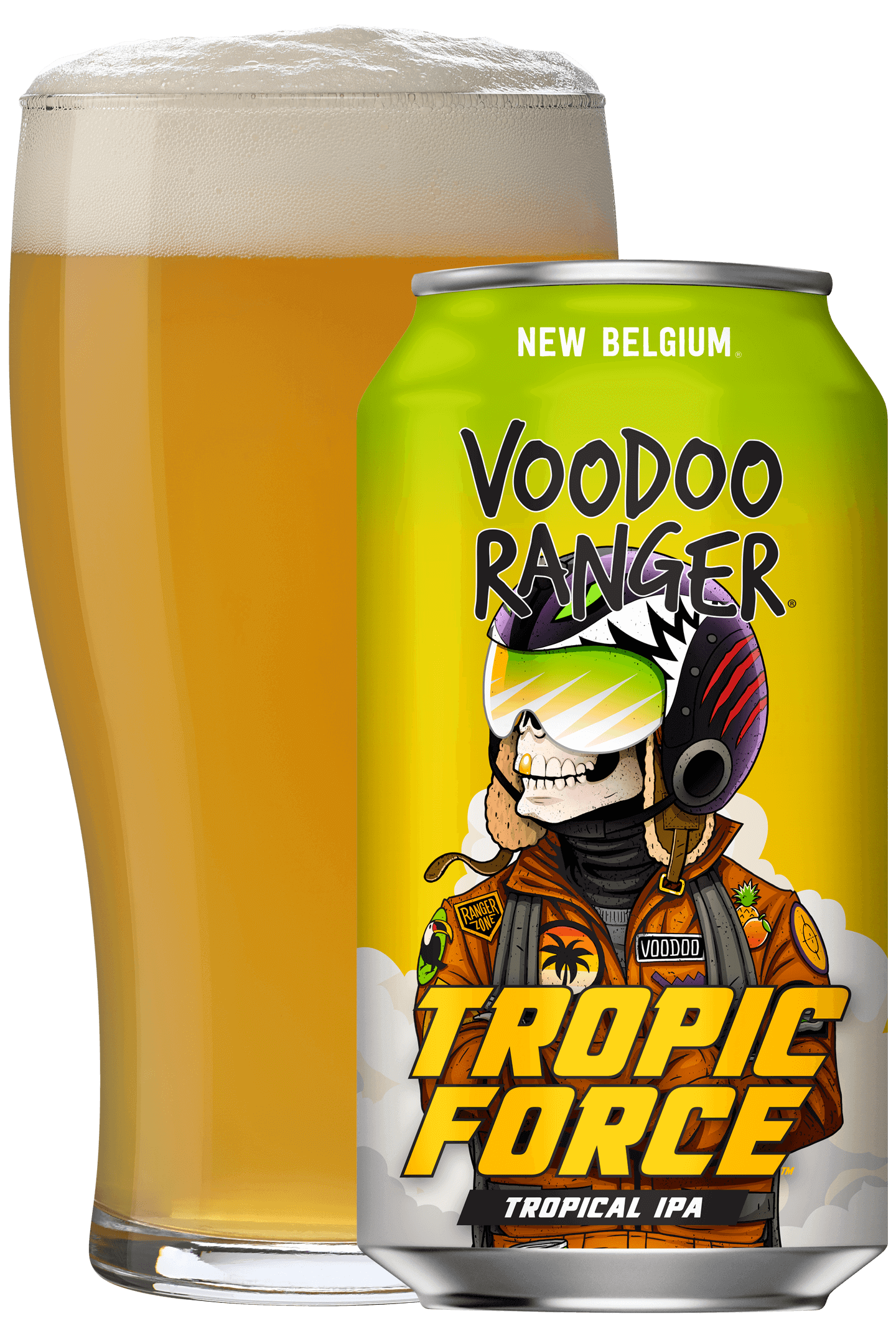Voodoo Ranger Tropic force beer can and glass filled with beer