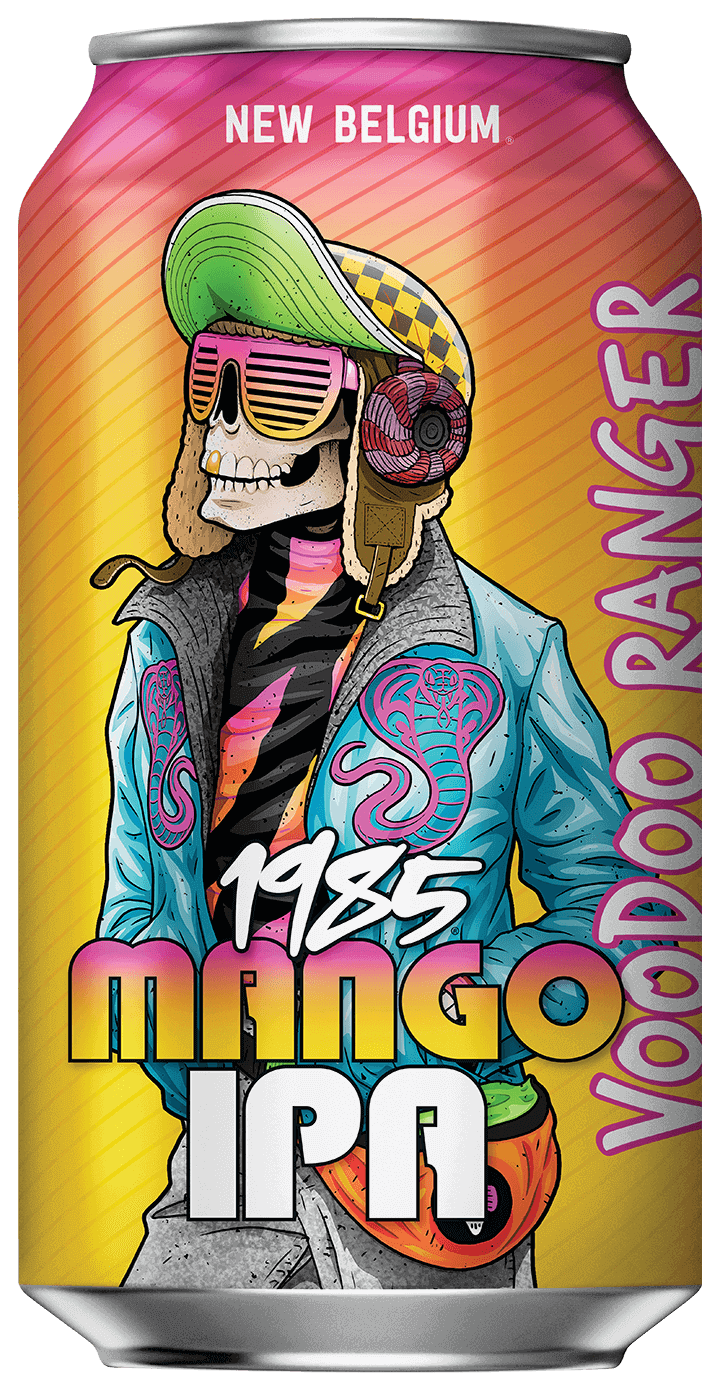 1985 Mango IPA beer can with image of VooDoo Ranger on pink and orange background