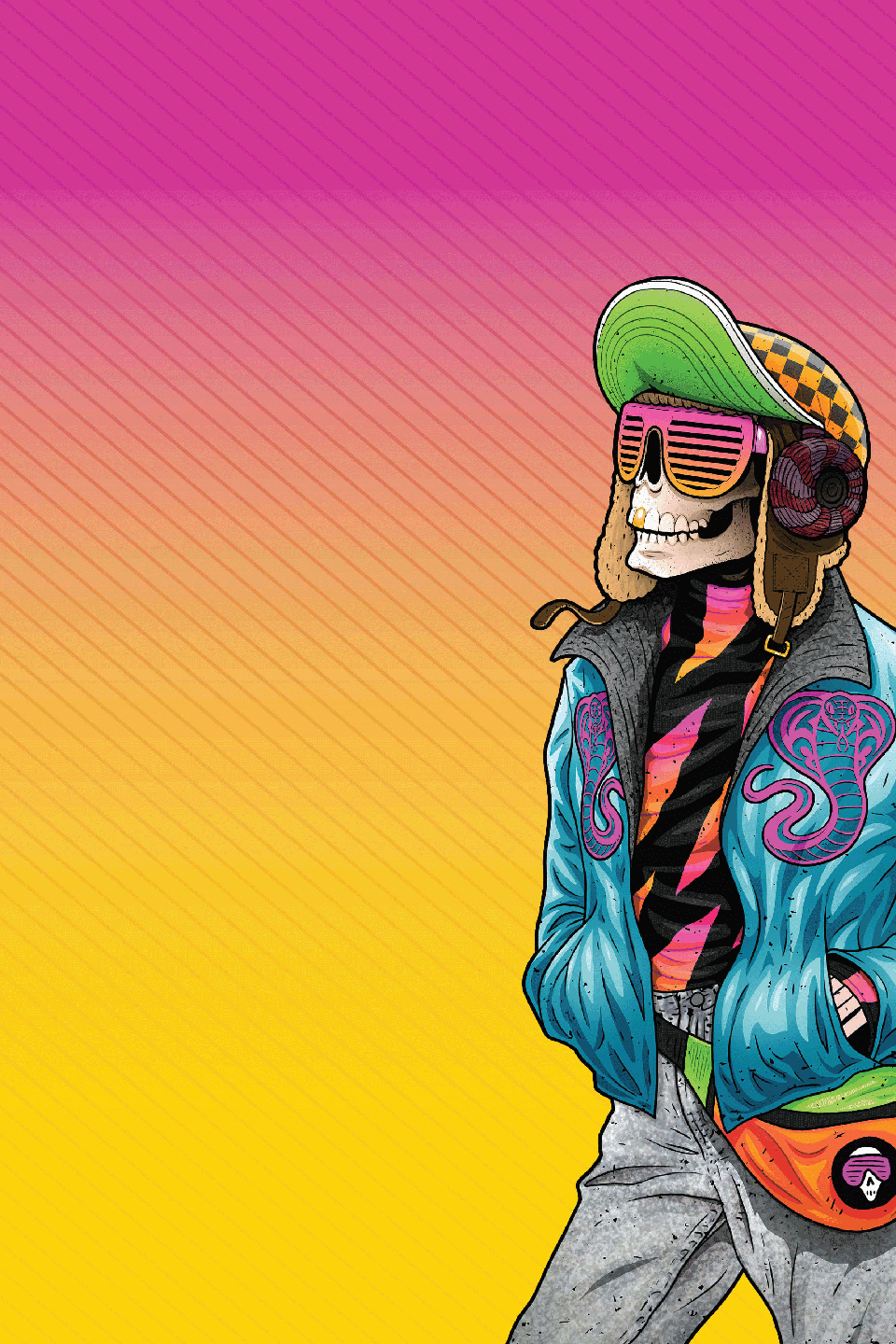 1985 Mango IPA beer - brightly dressed VooDoo Ranger on a pink, orange, & yellow background