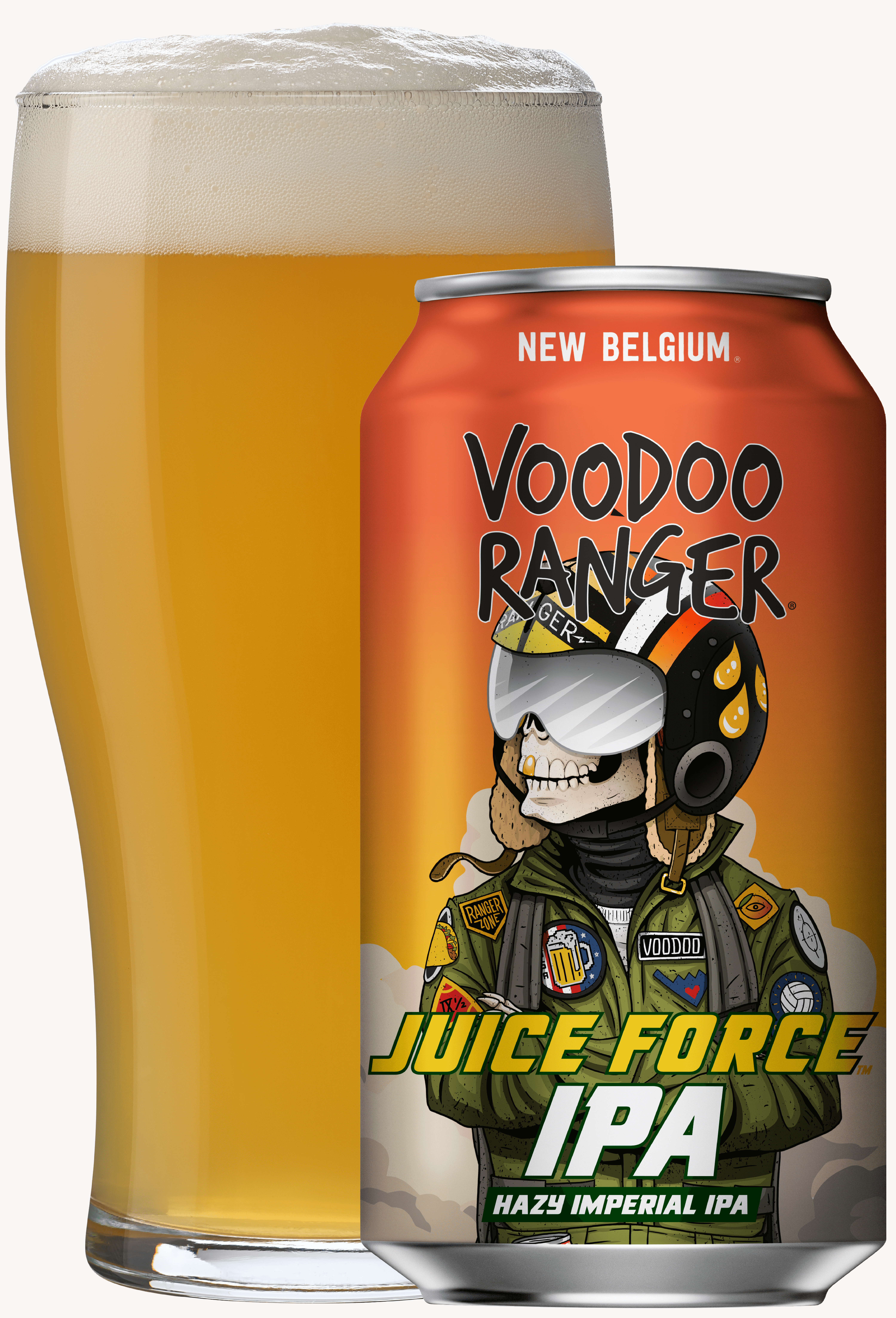 Voodoo Ranger Juice Force beer can and glass filled with beer
