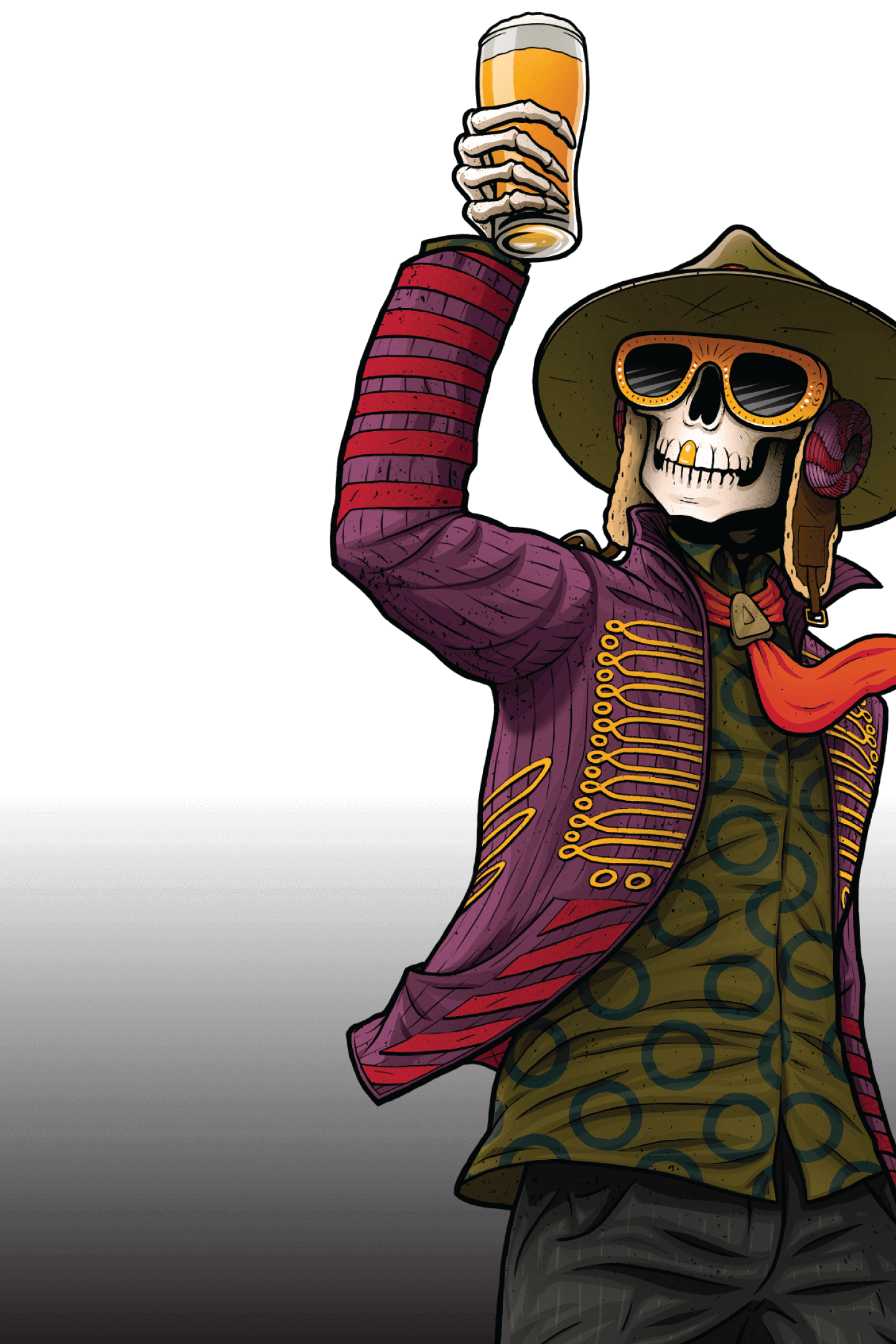 Voodoo Ranger Skeleton holding a beer above his head triumphantly.