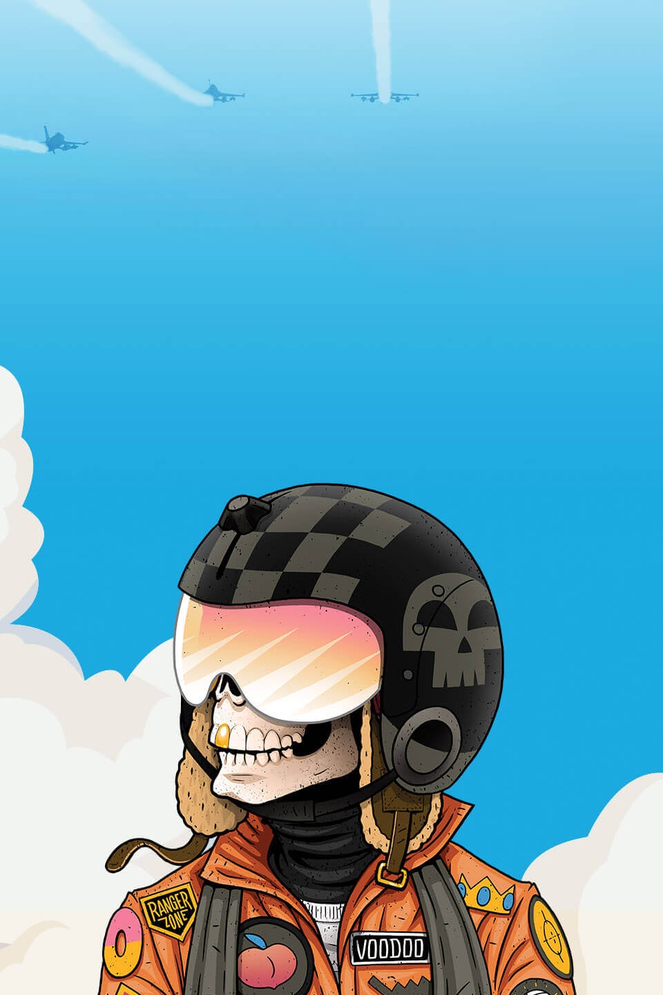 Peach Force IPA beer - blue skies, white clouds, jet fighters flying, with VooDoo Ranger in the foreground