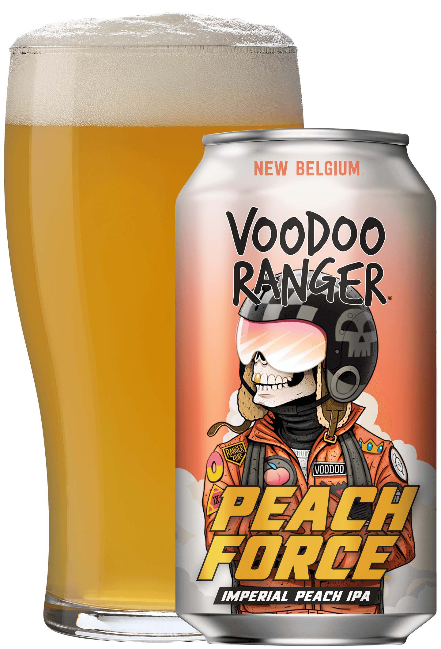 Can of Peach Force IPA with VooDoo Ranger, reddish sky and cloud background, and pint glass of beer behind