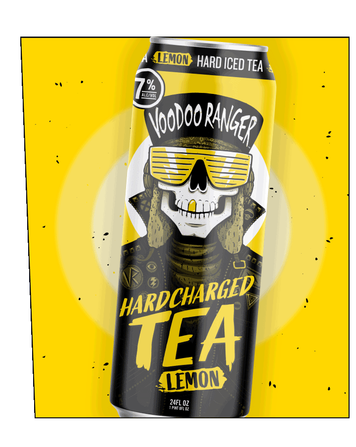 16 oz Lemon Hardcharged Tea can with VooDoo Ranger and lightning bolts moving across the image