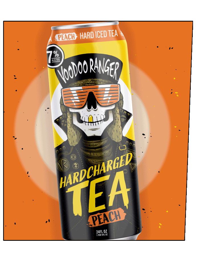 16 oz Peach Hardcharged Tea can with VooDoo Ranger and lightning bolts moving across the image