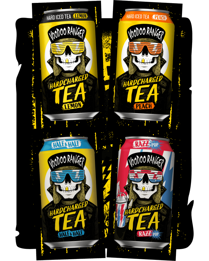 All four cans of VooDoo Ranger hardcharged tea side by side - Lemon, Peach, Half & Half, and Razz Pop