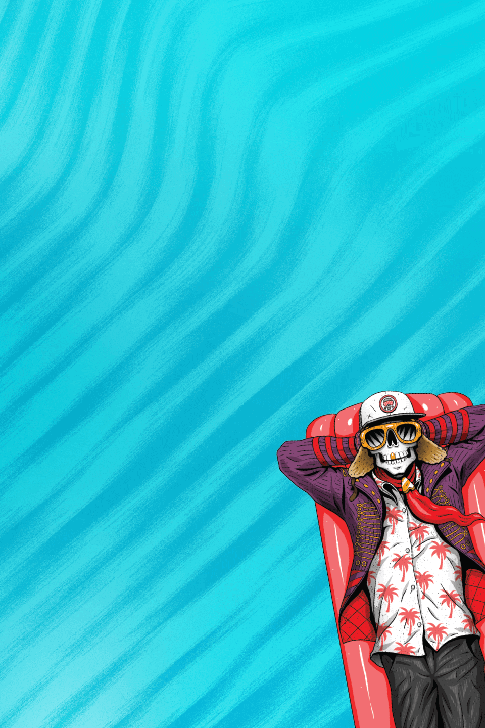 VooDoo Ranger in a purple jacket, baseball cap, glasses, lying on a pool float, with a blue wavy water background