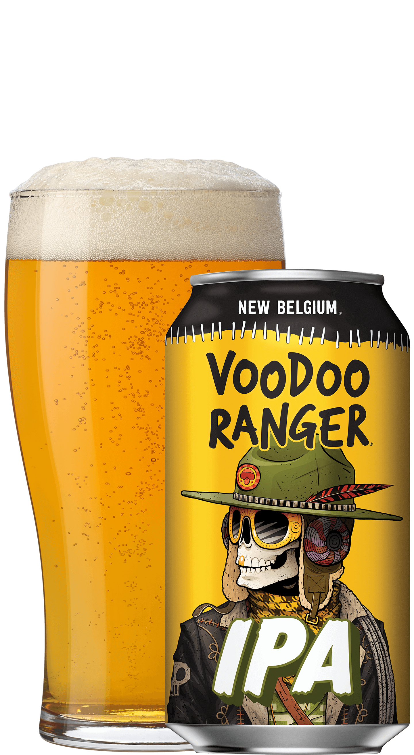 Can of Original VooDoo Ranger IPA beer with VooDoo Ranger on a yellow background, with pint glass of beer behind