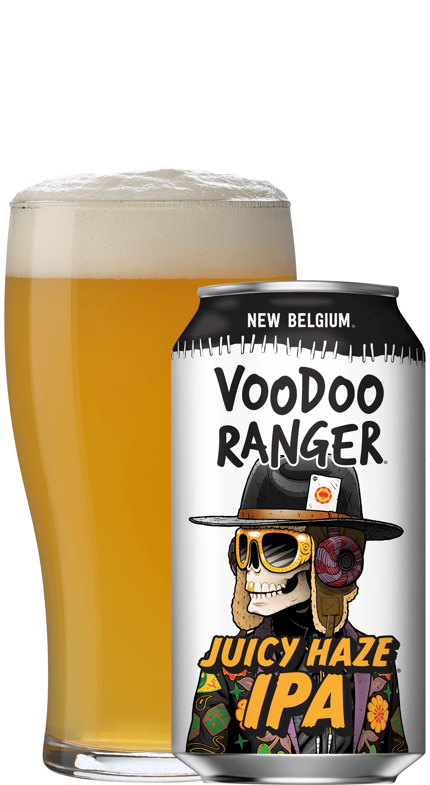 Can of Juicy Haze IPA beer with VooDoo Ranger on a white background, and a pint glass of beer behind